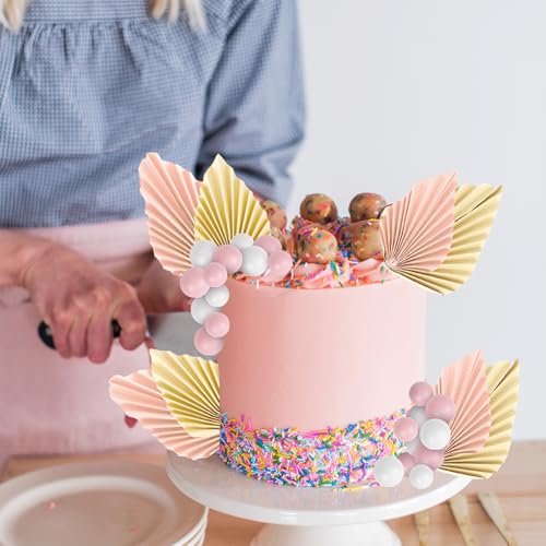 Rsstarxi 28 Pack Balls Cake Toppers Paper Palm Fan Cake Topper Pink Mini Balloon DIY Cake Insert Cake Decorations for Baby Shower Wedding Bridal Shower Birthday Party Cake Decorations - color: Pink White