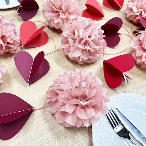 Dusty Rose Pink Party Decoration Tissue Flowers Pom Pom with Burgundy Red 3D Heart Hanging Paper Garland Banner Streamer for Valentines Day Birthday Baby Shower Wedding Bridal Shower Party Supplies - color: Burgundy Red Heart