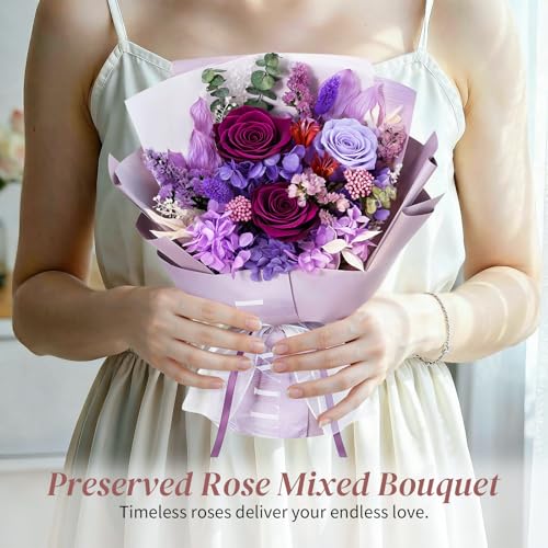 Lewondr Flower for Delivery, Preserved Flowers Bouquet, Purple Roses Bouquet, Real Long-Lasting Forever Birthday Flowers Gifts for Mom Grandma Women Mothers Day Anniversary Christmas, Purple - color: Dark Purple