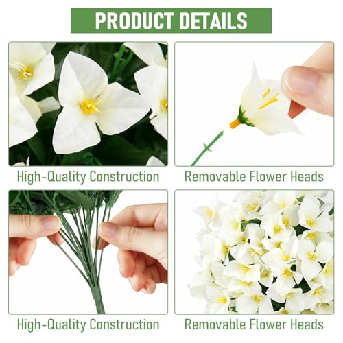 ATTGREAT Artificial Bougainvillea for Outdoors Faux Plants UV Resistant Flowers Fake Plastic Plants Realistic Silk Flowers for Porch Planter Garden Outside Hanging Decoration, 2Pcs (White) - color: White