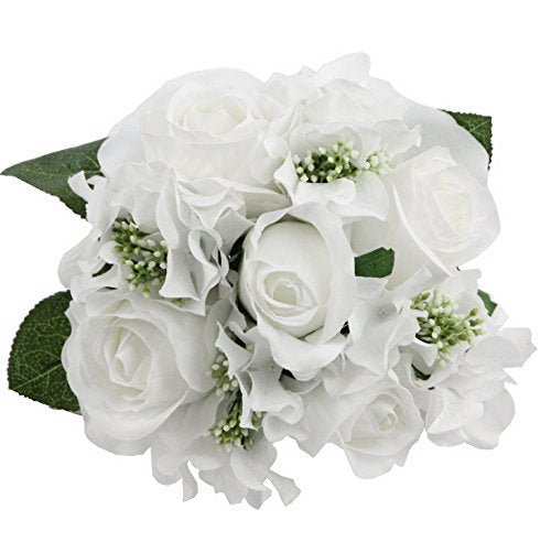 Admired By Nature Artificial Rose Hydrangea Flowers Bouquet, 9 Stems Faux Wedding Bouquet for Bride Bridesmaid, Centerpieces Floral Arrangement Home Decoration GPB8359-WHITE, White - color: White, size: 1