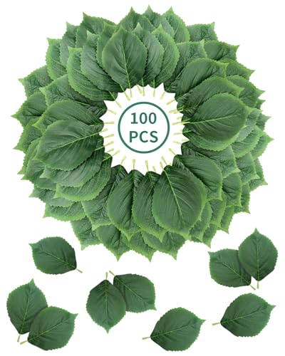 100 Pack Artificial Large Hydrangea Leaves Green Plastic Fake Leaves Stem for DIY Crafts Artificial Hydrangea Leaves Stem Two Sizes 4.3x6.7 Inch 3.5x5.5 Inch for Wedding Bouquets Home Decor