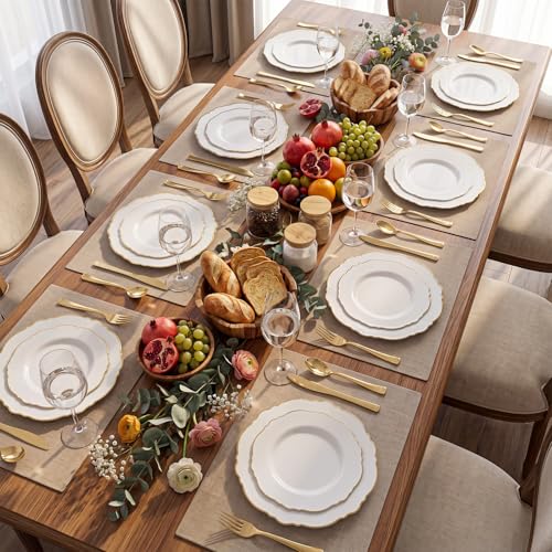 WDF 100pcs Gold Plastic Plates - High-end Baroque Design - Heavy Duty White &Gold Wedding Plates Set Ideal for Party/Wedding/Birthday - color: Gold, size: 100PCS
