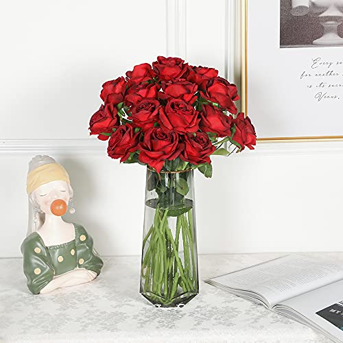 Veryhome Artificial Flowers Silk Roses Real Touch Bridal Wedding Bouquet for Home Garden Party Floral Decor 10 Pcs (Blooming Rose - Gradient Burgundy Red) - color: Blooming Rose - Gradient Burgundy Red
