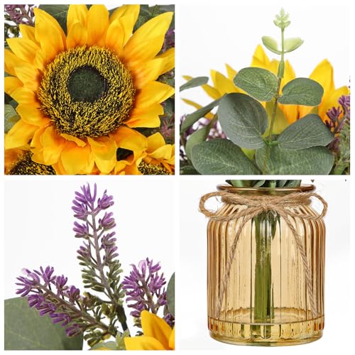 Oairse Fake Flowers in Vase, Sunflowers Artificial Flowers with Vase Sunflowers Centerpieces for Table Silk Flower Arrangement for Farmhouse Home Kitchen Bathroom Wedding Party Dining Room Decor - color: Yellow&amber Vase