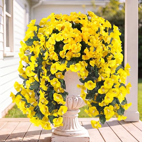 Sggvecsy Artificial Fake Hanging Flowers Plants for Outdoor Outside Spring Summer Decoration 2PCS Faux Silk UV Resistant Realistic Morning Glory Trailing Vines for Home Porch Patio Balcony(Yellow) - color: Yellow, size: 2Pcs