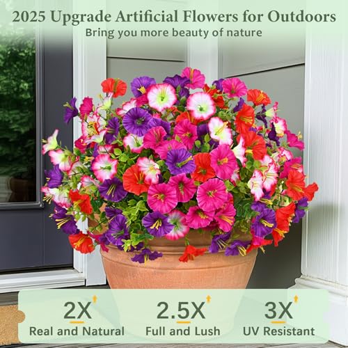 MARTINE MALL 12 Bundles Look Real Artificial Flowers for Outdoors, Realistic Fake Outdoor Flowers, UV Resistant Silk Petunia Flowers for Outside Faux Flowers Plants for Outdoor Porch, Mix Colors - color: Mix Colors (Fuchsia, Purple, Red, Pink), size: 12 B