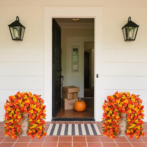 INXUGAO 2 pcs Artificial Faux Bougainvillea Fall Flowers Plants for Outdoor Outside Decoration, Fake Silk UV Resistant Long Trailing Vines for Front Door Porch Planter Balcony Decor - color: Orange Yellow