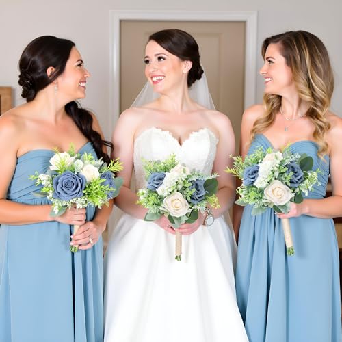 Wedding Bridesmaids Bouquets Set of 6 - Artificial Bridesmaid Rose Bouquet Handmade Maid of Honor Flowers Small Floral Centerpiece for Marriage Proposal Party Anniversary Table Decor -7 inch - color: Green & Dusty Blue, size: 6pcs
