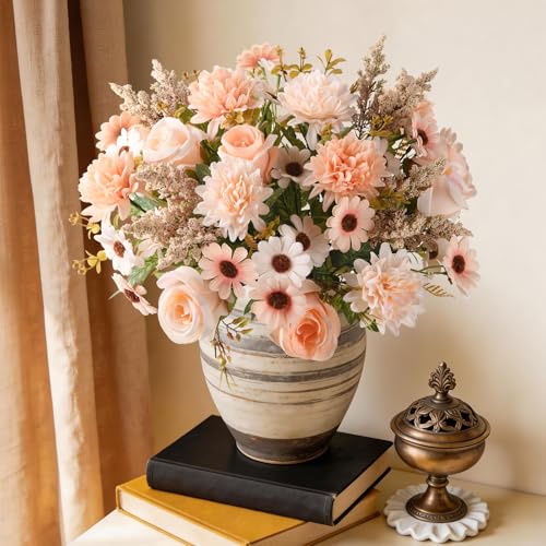 Artificial Fake Flowers for Spring Decoration, 4 Pcs Faux Silk Flower Arrangements Centerpiece for table with Chrysanthemum Rose Daisy Floral Bouquets Office Wedding Patio Porch Indoor Home Decor - color: Champagne Color