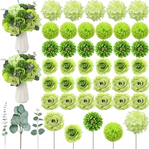 Suncalla 98 Pcs Artificial Flowers Bouquet Assorted Faux Flowers Heads with Stem Eucalyptus Leaves Silk Floral Table Centerpiece for DIY Wedding Party Wreath Home Decor(Green Color) - color: Green Color
