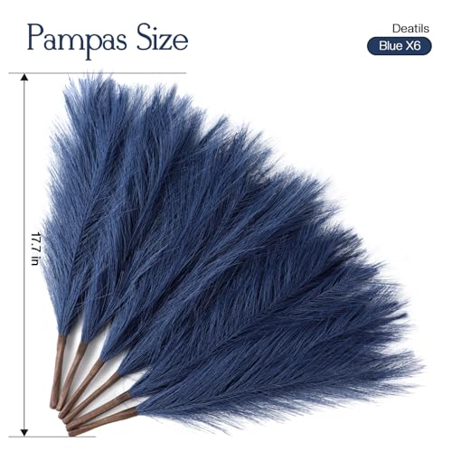 Ureymx Faux Pampas Grass Decor 17.7 Inch 6pcs, Artificial Pompas Grass Bulk Artificial Dried Flower Small Vase Filler for Boho Home Wedding Decoration (Blue) - color: Blue, size: 17 Inch 6 Pcs