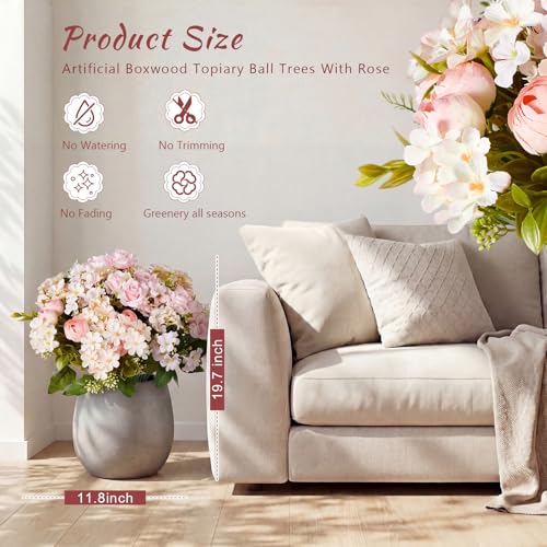 Yunlly 2 Set Artificial Boxwood Topiary Ball Trees with Rose Flowers 19.7'' UV Resistant Faux Greenery Shrubs Bushes with Ground Spike for Wedding Indoor Outdoor Front Porch Decor(Light Pink) - color: Light Pink