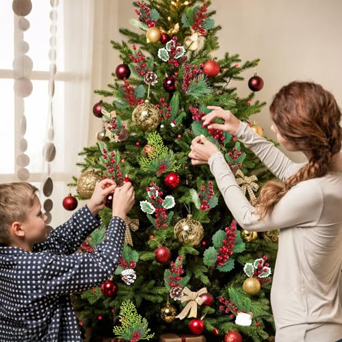 Pinecones Red Berry Picks Stems Christmas Floral Picks and Sprays 12 Pcs Christmas Holly Artificial Pine Pick Artificial Faux Pine Berry Holly Stems Berry Branches for Crafts Wreath Garland Tree Decor - color: Red and Green