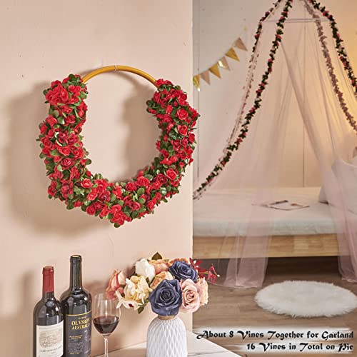 PONKING 8 Pcs x 8.2 ft Flower Garland Artificial Rose Vine Flowers with Green Leaves Hanging Fake Roses Vine for Room Party Home Wedding Birthday Christmas Wall Arch Decor, Spring Red Flower - color: Spring-red-8pcs, size: 8 Vines 66FT
