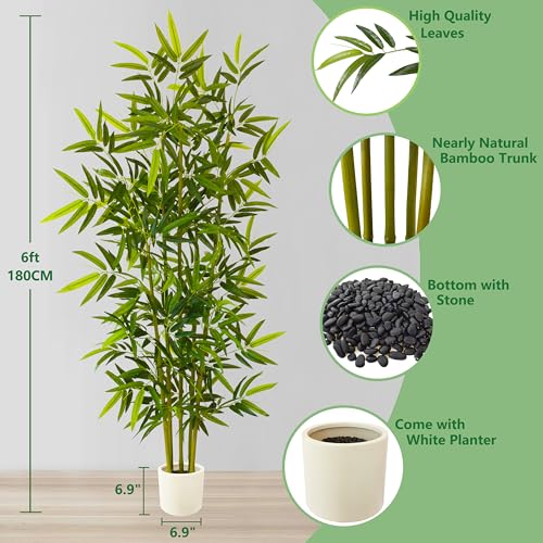 Warmplants Artificial Bamboo Tree, 6ft Tall Fake Bamboo Plant with White Planter, Faux Trees with 5 Trunks and Lifelike Leaves for Indoor Outdoor Home Office Décor - color: Bamboo, size: 6ft