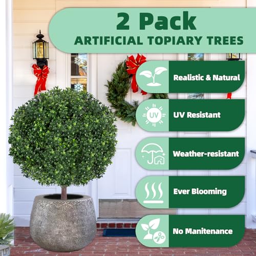 27.5" Artificial Boxwood Topiary Ball Tree, Set of 2 Fake Bushes Shrubs with Ground Spike, UV Resistant Faux Evergreen Boxwood Trees for Front Porch Planters Outdoor Garden Decor - color: Green-boxwood