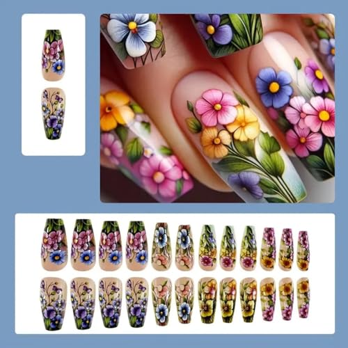 Flower Press on Nails Medium Square Fake Nails Colorful False Nails with Floral Designs Flowers Glossy Stick on Nails Full Cover Glue on Nails Spring Acrylic Nails for Women Girls 24 Pcs - color: Flower Square32