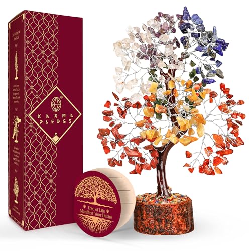7 Chakra Tree of Life for Manifestation Handmade Home Office Decor Healing Crystal Tree for Money, Good Luck, Anniversary Gifts for Her, Unique Birthday Gifts for Women, Men, Friends, Mom & Dad - color: Wooden Base 7 Chakra Manifestation Tree Silver