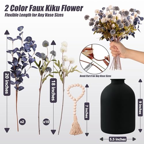 20''H Fake Flowers in Large Vase for Centerpiece Table Decorations with 10Pcs Fake Mums Flowers Eucalyptus Stems Faux Pompon Kiku Flowers Arrangement for Home Decor (Blue/Black Vase) - color: Blue/Black Vase