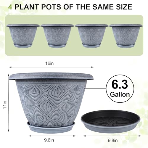 16 Inch Large Planter Pot for Plants Indoor Outdoor, 4 Pack Plastic Flower Pots with Drainage Hole & Tray, Modern Decorative Garden Pot with Saucer, Plant Container for House - color: Blue, size: 16 inch-4 pack