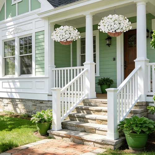 INSPRING Artificial Faux Hanging Flowers Plants Basket for Outdoors, UV Resistant White Fake Silk Morning Glory Realistic Petunia Outdoor Hanging Flowers for Outside Patio Porch Garden Home Decor - color: White