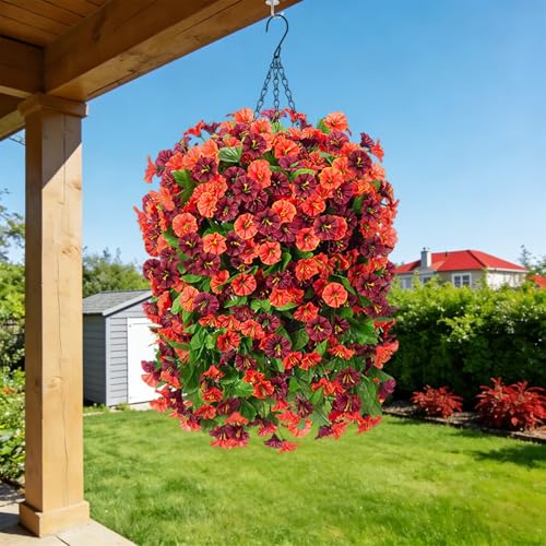 INXUGAO Artificial Flowers with Hanging Basket, Outdoor Faux Plants Silk Morning Glory Vines, Fake Green Arrangement for Garden Patio Spring Summer Decor(4pcs,Orange Brown) - color: Orange Brown