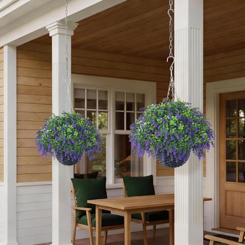 Juxdp Artificial Lavender and Boxwood Hanging Basket - 2 Set for Outdoor Decorations,Fake Flower Hanging Basket UV-Resistant for Porch, Home Garden, Farmhouse, Eaves, Yard Decor