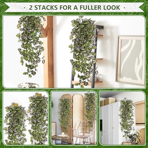 2-Pack Fake Hanging Plants, Faux Hanging Plant Artificial Greenery for Living Room Bedroom Boho Wall Shelf Indoor Outdoor Decor (Purple Feather Leaf) - color: Purple Feather Leaf