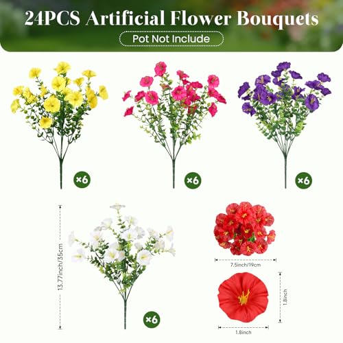 Alupssuc 24 Bundles Artificial Flowers for Outdoors, Faux Spring Flowers for Decoration, UV Resistant Silk Morning Glory with Eucalyptus Realistic Fake Flowers for Yard Planter Porch Garden, 4 Colors - color: Fuchsia, Deeppurple, Yellow, White