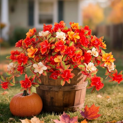 Fall Flowers Artificial for Decoration, Fake Silk Rhododendron Flowers for Outdoors, 2 Bundles Faux Azalea Outside UV Resistant No Fade Floral for Home Garden Balcony Walkway Wedding Party Decor - color: Y-orange Yellow White