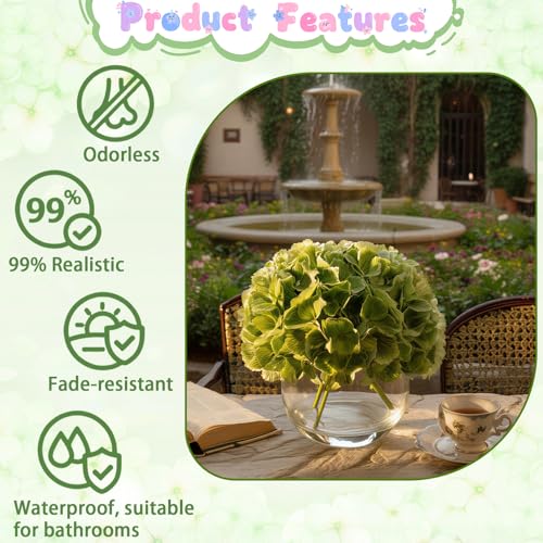 Deep Green Artificial Hydrangea Flowers in Glass Vase with Faux Water, 3 Stems Lifelike Fake Floral Arrangement, UV-Resistant Odorless Centerpieces for Dining Table Home Office Decor (7.9") - color: Deep Green Hydrangea