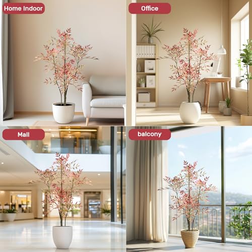 4.6ft Faux Bamboo Tree Artificial Nandina Tree Artificial Indoor Plants Realistic Fake Potted Tree with 800+ Leaves, Cement Planter - Home Office Decor Perfect for Housewarming Gift No Planter - color: Red, size: 4ft 7in