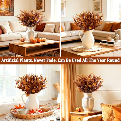 12 Bundles Artificial Fall Flowers for Outdoors Fall Decorations, UV Resistant Fake Mums Faux Fall Plants Plastic Greenery Porch Fireplace Home Gardens Autumn Thanksgiving Decor(Brown Eucalyptus) - color: Brown Eucalyptus, size: 12 Bundles
