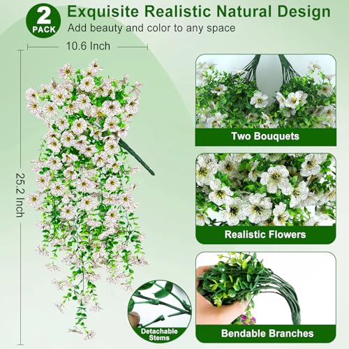 Artificial Hanging Flowers for Outdoors Decorations 2 Pack, Fake Hanging Flowers, UV Resistant Artificial Hanging Plants Outdoors for Home Porch Patio Balcony Baskets Yard(White) - color: White