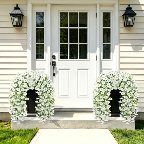 Artificial Flowers for Outdoors, 6-Pack 420 Blooms UV Resistant Hanging Morning Glory Silk Flowers Vines, Realistic Fake Plants Outside Decroation for Porch Patio Balcony Yard Garden (White) - color: White