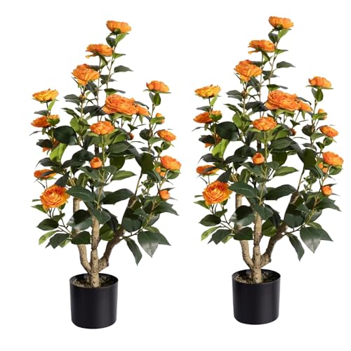 MARCH WIND 3FT Orange Artificial Camellia Plants 2 Pack with Pots, Faux Flowering Tree for Indoor Outdoor Home Decor, Tall Fake Potted Plant for Balcony, Patio, Living Room - size: Orange Yellow Camellia - 3FT