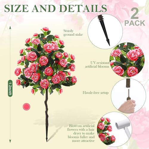 Lunmon 2 Pack 4ft Artificial Camellia Plants Tree 48" Faux Camellia Flower with Spike (Without Vase) UV Resistant Realistic Fake Floral Blooming for Outdoor Front Door Porch Backyard Garden, Red White - color: Red White Bicolor, size: 4 ft