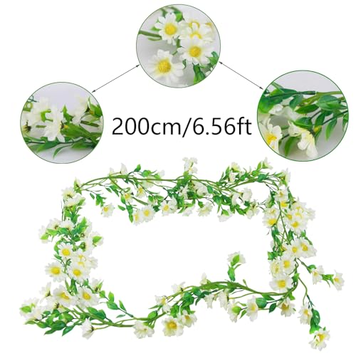 CISDUEO Artificial Daisy Flowers Vine Silk Wildflower Garland Spring Fake Flower Vine Hanging Ivy White Daisy Flowers Green Leaves for Wall Party Wedding Arch Floral Decor Home Indoor Outdoor Ceremony - color: White