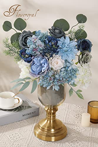 Floweroyal Artificial Flowers Combo Dusty Blue Flowers Mix Silk Flowers Dahlia Roses with Stems for DIY Wedding Bridal Bouquets, Baby Shower, Floral Arrangement, Table Centerpieces, Home Decorations. - color: Blue