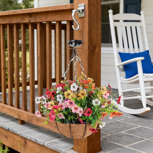 GOESWELL Solar Hanging Flowers Basket: 7Pcs Faux Silk Flower with Baskets - UV Resistant Fake Flower Basket for Outdoor Fall Yard Front Porch Decor - Gardeners Retirees Homeowners Gifts - size: 10inch, style: round - colorful