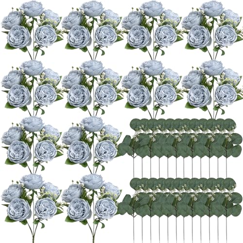 Peonies Artificial Flowers Bulk, 12 Bundles Fake Silk Peonies Faux Eucalyptus Bouquet Realistic Peony Floral Arrangement for Wedding Table Centerpiece Vase Decor (Dusty Blue) - color: Dusty Blue