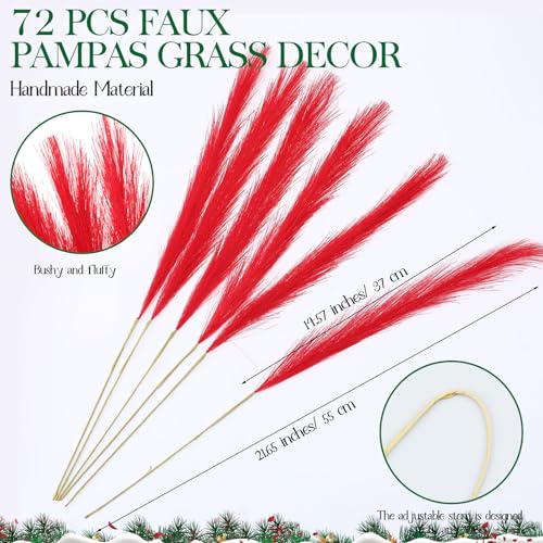 Suncalla 72 Pcs Red Pampas Grass 21.7 Inches Faux Tall Pampas Grass Decor Bulk Artificial Dried Flower Red Feather for Vase Filler Home Boho Decor Christmas Wedding Party Arrangement Bathroom Wall - color: Red