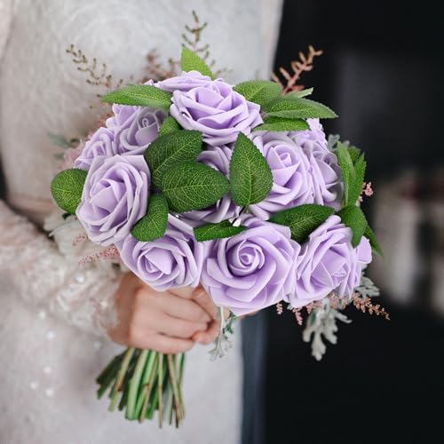 50 Pcs Artificial Foam Rose Flower Faux Bouquet Wedding Fake Rose Gift for Mother's Day Women DIY Bridal Shower Party Table Birthday Home Spring Decor (Lavender) - color: Lavender