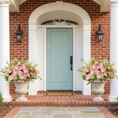Yunlly 2 Set Artificial Boxwood Topiary Ball Trees with Rose Flowers 19.7'' UV Resistant Faux Greenery Shrubs Bushes with Ground Spike for Wedding Indoor Outdoor Front Porch Decor(Gradient Pink) - color: Gradient Pink