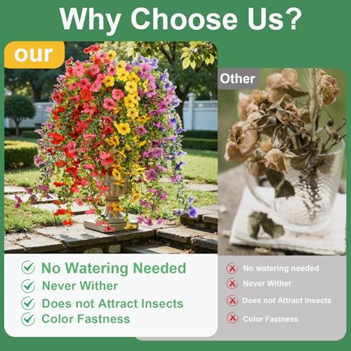 6 Bundles Artificial Flowers for Outdoors,UV Resistant Fake Hanging Flower,Realistic Silk Flowers for Indoor Outside Garden Patio Balcony Farmhouse Porch (Fuchsia, Red, Purple, Yellow, Blue) - color: 5 Multicolor