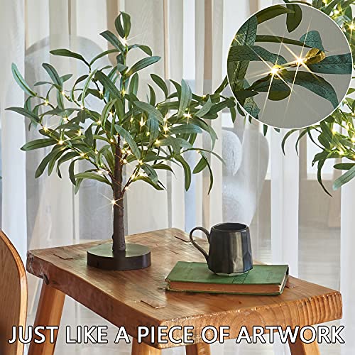 Fudios Little Lighted Tree with Timer 18in 50 LED USB Battery Operated Table Top Bonsai Olive Trees Light Artificial Plant for Home Decor Indoor - color: Olive Tree