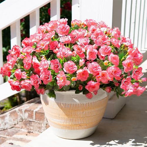 HyeFlora Artificial Faux Outdoor Flowers Plants for Spring Summer Decoration, Fake Silk Camellia UV Resistant Look Real for Planter Outside Front Door Porch Patio Balcony, 3 Large Bundles - color: Dark Pink