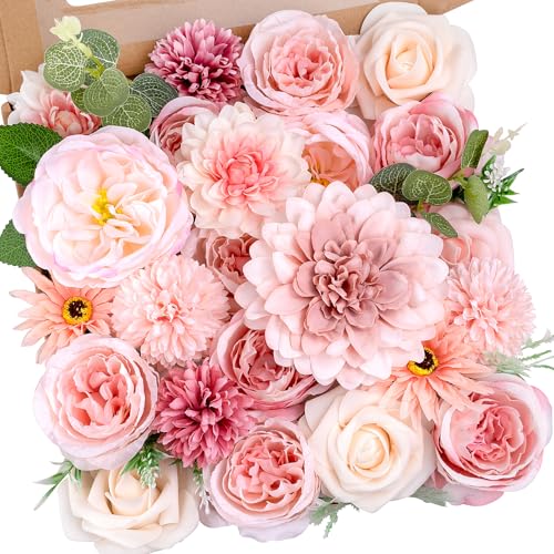 Pink Flowers Artificial Roses Combo Set Fake Pink Silk Flowers Faux Peony Flowers Mix Chrysanthemum Dahlia with Stems for Wedding Bouquets Baby Bridal Shower Party Floral Arrangements Decor - color: Blush Pink, size: The Modern Classic