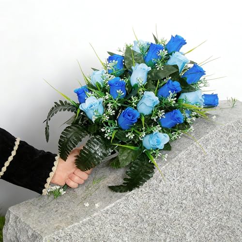 Artificial Cemetery Flowers - Set of 2 Grave Memorial Rose Flowers with Vase for Cemetery Headstones Gravesites Decoration (Dark Blue & Light Blue) - color: Dark Blue & Light Blue